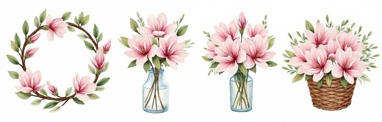 Obraz premium Watercolor floral arrangement with magnolia flowers on white background. Spring flower bouquets in glass bottles and woven basket, wreath with green leaves. Romantic design element.