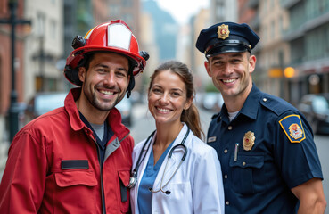 Smiling firefighter, doctor, police officer pose together. Concept city heroes, helping occupations, teamwork. People in uniform, medical coat. Public service providers ready to assist. Pro staff in
