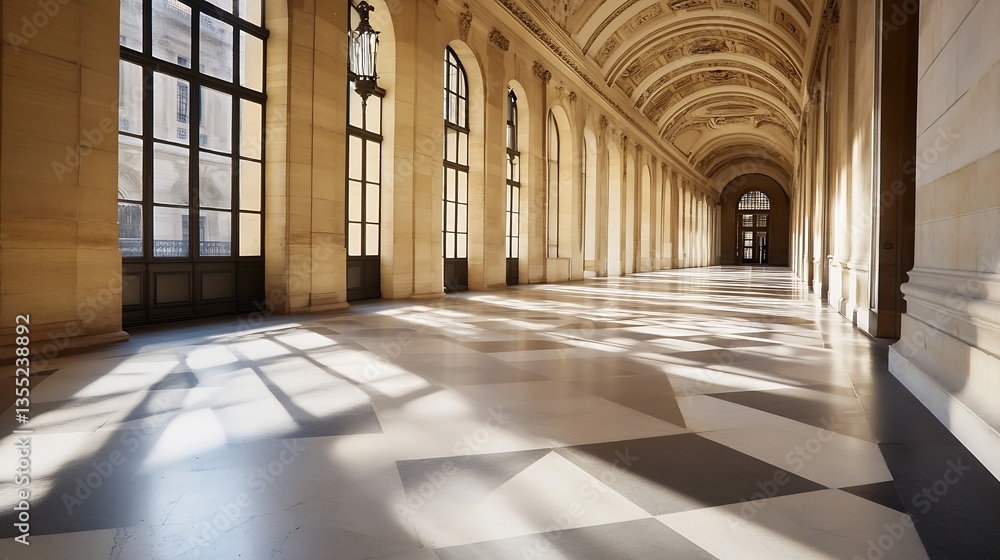 Poster elegant interior corridor with intricate architecture and soft shadows under natural light : generat
