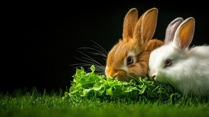 Fototapeta premium A pair of rabbits perched on a green meadow, surrounded by lush foliage and bathed in sunlight against a dark backdrop
