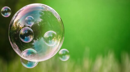 Iridescent Soap Bubbles Floating Against a Lush Green Background