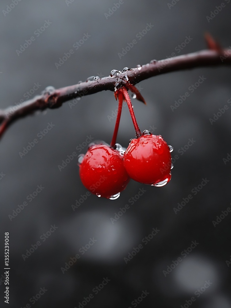 Aufkleber two vibrant red berries hanging on a branch with dew drops symbolizing freshness and natural beauty 