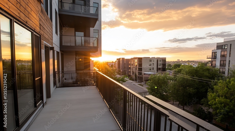 Poster balcony view of modern apartments during sunset with trees and buildings in the background : generat