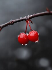 Two vibrant red berries hanging on a branch with dew drops symbolizing freshness and natural beauty : Generative AI