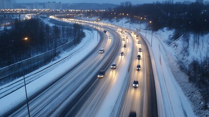 Evening Traffic Flowing Along Snowy Road with Headlights Illuminating the Winter Landscape : Generative AI