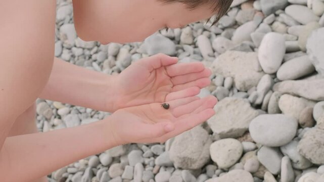 tiny hermit crab in delicate seashell rests on teenager&rsquo;s hand, marine life and beauty coastal wildlife, wonders marine ecosystems, environmental education and introducing kids wonders natural world