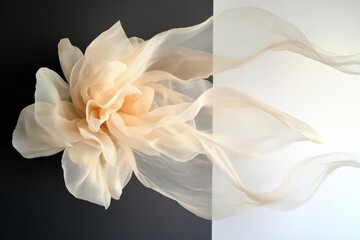 Fototapeta premium Sculpture of flowing ribbons and gauze curtains creating an abstract floral form on a contrasting black wall Generative AI