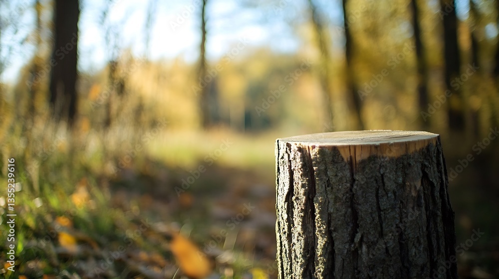 Aufkleber stump of tree surrounded by autumn leaves in a quiet forest path : generative ai
