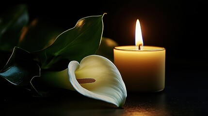 Obituary background for posters. Funeral composition with flowrs and candles. Funeral poster, banner background, space for text, burning candles, funeral concept. Memorial card, funeral invitation