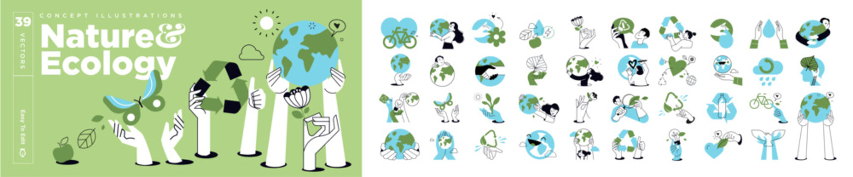 Nature and ecology concept illustrations. Set of people vector illustrations in various activities of ecology and environment, recycling, nature protection, renewable energy and sustainable technology