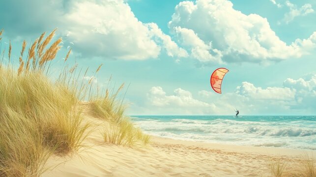 Vibrant Kite Surfer in Action Over Calming Ocean Waves with Blue Sky and Wispy Clouds Near Sandy Dune Landscape