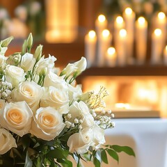 Obituary background for posters. Funeral composition with flowrs and candles. Funeral poster, banner background, space for text, burning candles, funeral concept. Memorial card, funeral invitation