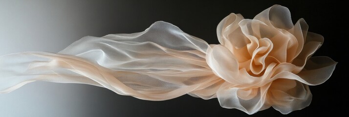 Obraz premium Flower sculpture made of gauze curtains creates abstract movement on black wall with flowing ribbons Generative AI