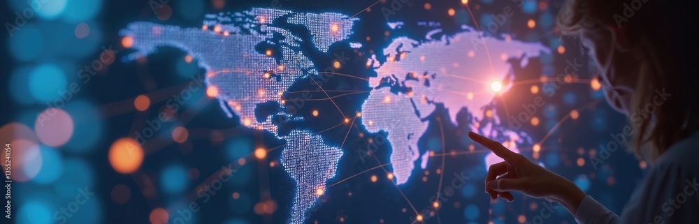Aufkleber businesswoman points finger world map digital screen. online cloud storage data base system technolo