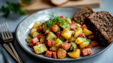 Rustic plate featuring Estonian-style fried potatoes with chorizo sausage and fresh dill served alongside rye bread