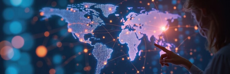 Businesswoman points finger world map digital screen. Online cloud storage data base system technology. Global network, digital file access, information technology.