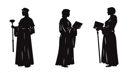 Medieval women religious figures silhouettes, standing