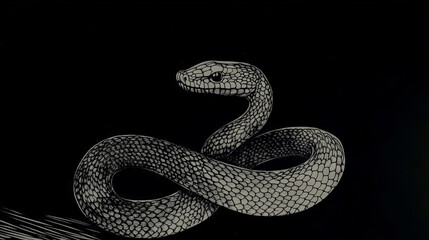 Linocut-Style Long Snake Tattoo Illustration on Black Background