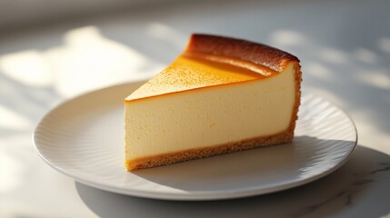Perfect slice of san sebastian cheesecake on a white plate.