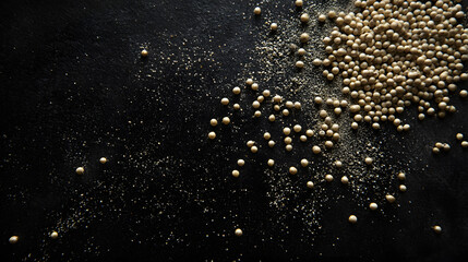 Obraz premium Amaranth seeds in cream color scattered on a dark background, emphasizing their small size, smooth texture, and the contrast of colors.