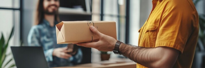 Fototapeta premium Front desk employee hands personalized welcome package to guest in modern workspace with sleek technology Generative AI