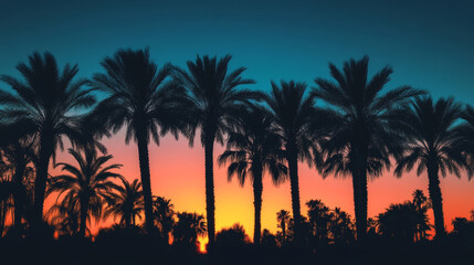 Silhouetted palm trees at sunset on a tropical coastline with vibrant orange and blue sky, ideal for travel ads, summer backgrounds, nature themes, or coastal lifestyle visuals

