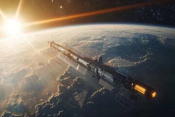 Obraz premium Satellite Orbiting Earth at Sunrise