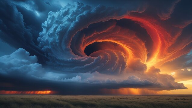 Massive Vortex Thunderstorm with Fiery Sky Over Open Landscape