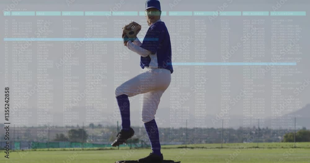 Poster baseball player pitching on field with data processing animation overlay