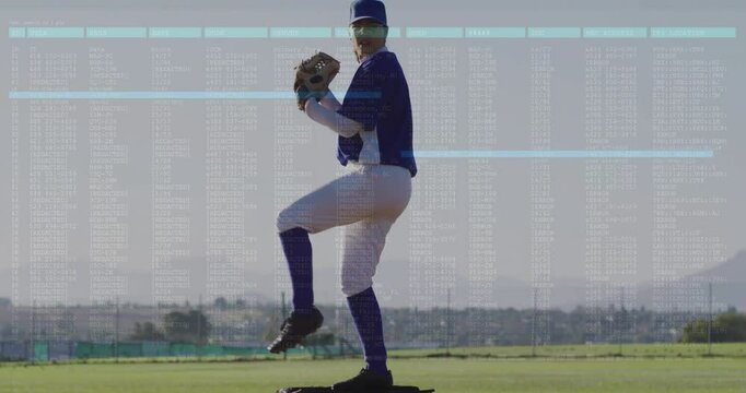 Baseball player pitching on field with data processing animation overlay