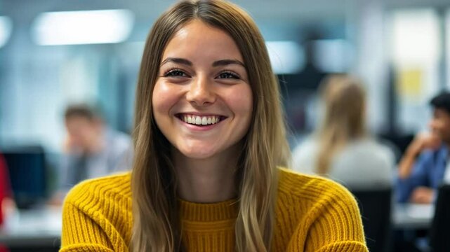 This image features a smiling young woman in a contemporary office. Her friendly expression and vibrant yellow sweater create an inviting atmosphere. Perfect for corporate themes. AI