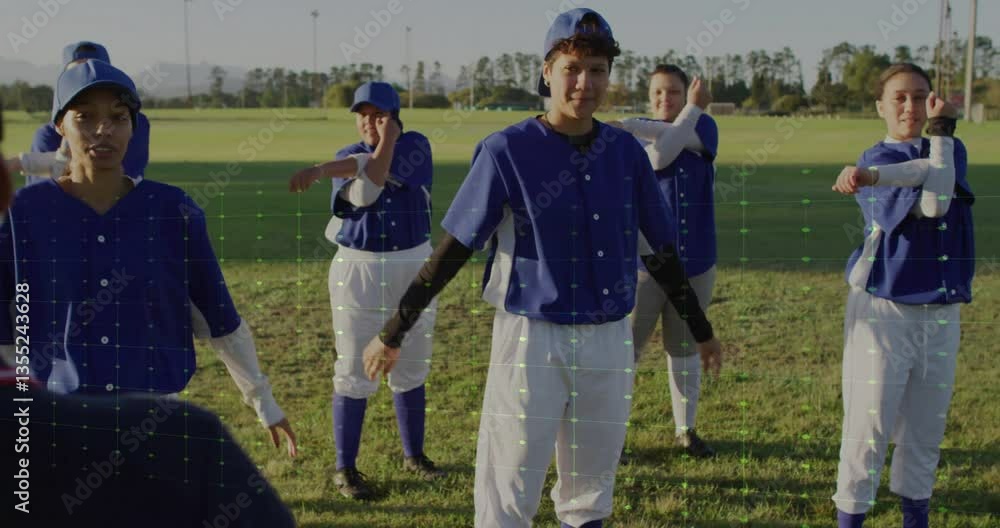 Poster baseball team warming up on field with digital data overlay animation