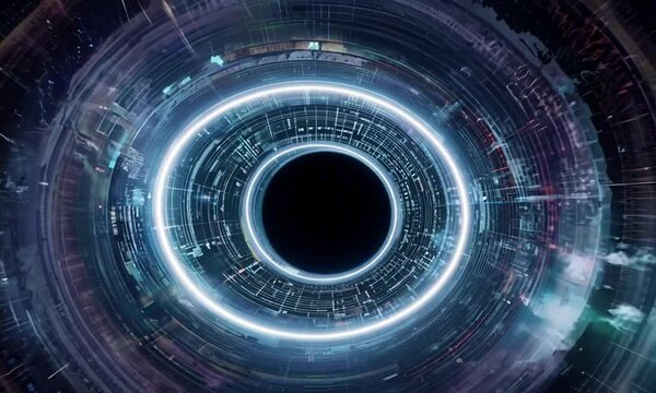 A massive glowing gateway, framed by two swirling black holes, hovers in deep space. Its ancient runes pulse as gravitational waves distort reality around it. Fantasy cosmic horror aesthetic