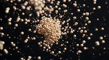 Amaranth seeds in cream scattered evenly across a dark surface, highlighting their delicate texture and small size.