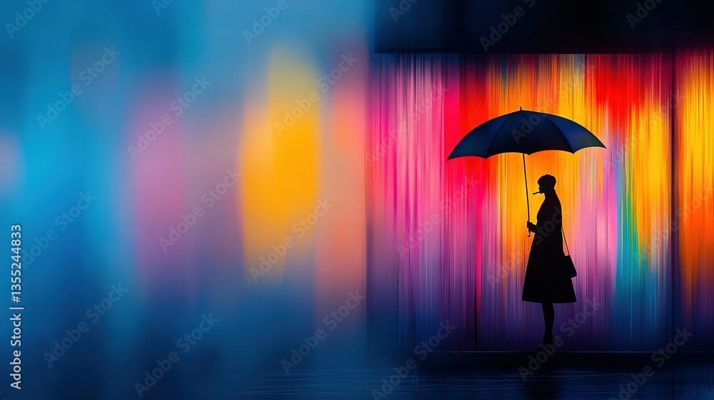 Poster silhouette of woman with umbrella against multicolored background with vertical lines in background