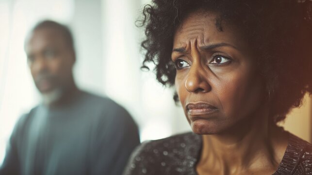 Violence against women. photo with strong mature african american woman and male silhouette near her. domestic abuse and sexual harassment