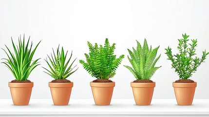 Fototapeta premium Indoor plants, terracotta pots, shelf, growth, white background, home decor, website design