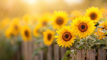 Obraz premium A field of sunflowers surrounded by a wooden fence in the foreground and a row of other sunflowers in the background