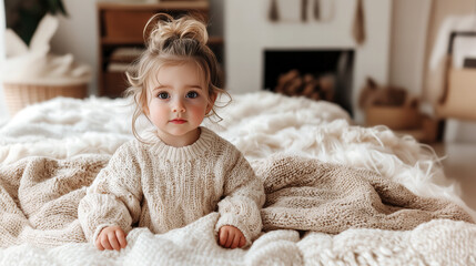 Fototapeta premium Adorable Baby Girl Portrait Sitting On A Cozy Bed Wearing Knitted Sweater Looking At Camera In A Light Filled Bedroom