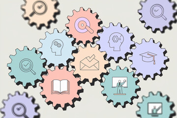 Interlocking pastel gears showcase icons: magnifying glass, head with gears, email, book, graduation cap, whiteboard presentation symbolizing interconnected learning, knowledge and education processes