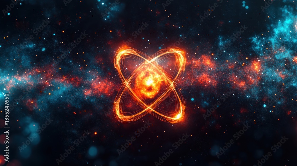 Poster fiery atom model exploding in nebula; science concept