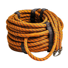 Professional climbing rope safety equipment isolated on plain white background without any shadows, realistic adventure gear photography,