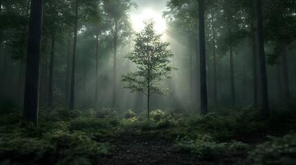 Obraz premium Sunlight piercing misty forest