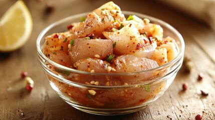 Fresh and Zesty Marinated Seafood Salad with Spices and Herbs in Clear Glass Bowl
