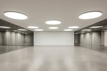 Minimalist modern interior with circular ceiling lights, polished concrete floor, and mirrored walls.