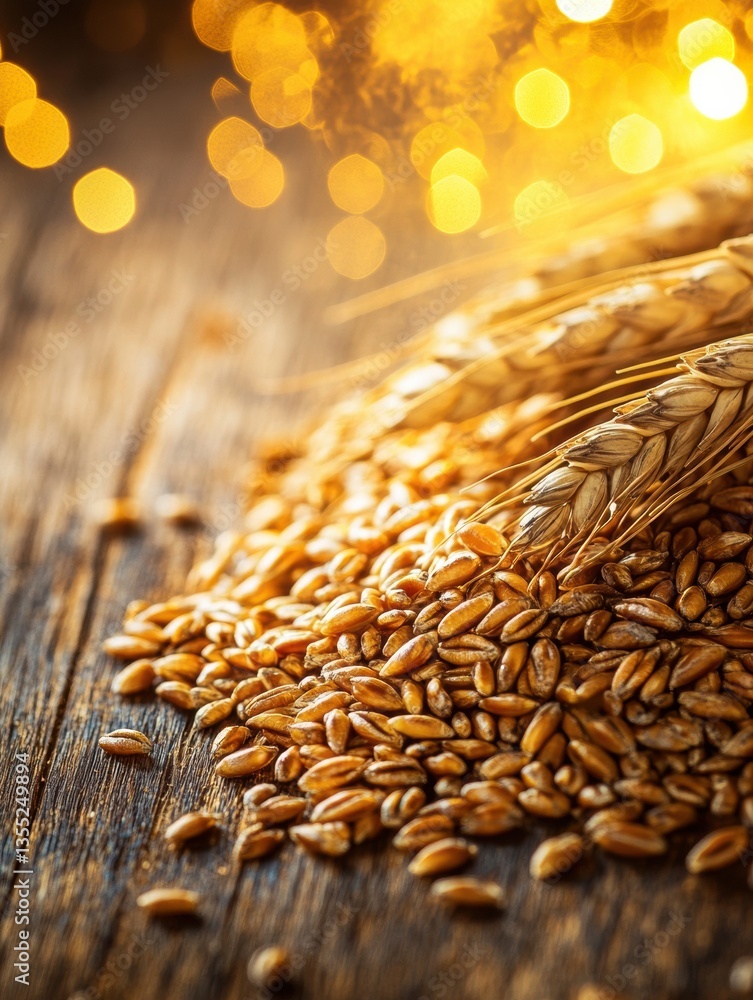 Aufkleber golden wheat grains spread over a rustic wooden table with captivating warm reflections and soft lig