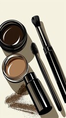 Makeup brushes and pots of brow gel and concealer on beige background; beauty blog, tutorial