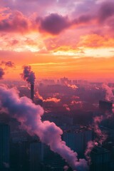 Fototapeta premium Colorful sky over city pollution at sunset.
