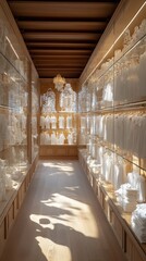 Luxurious open wardrobe filled with designer clothes bathed in soft golden light creates a high-fashion atmosphere Generative AI