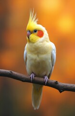Fototapeta premium Cockatiel bird perched on branch. Yellow crest, orange cheek patches, gray wings. Exotic parrot with bright eyes, sitting on tree branch in warm colors. Wildlife, nature.